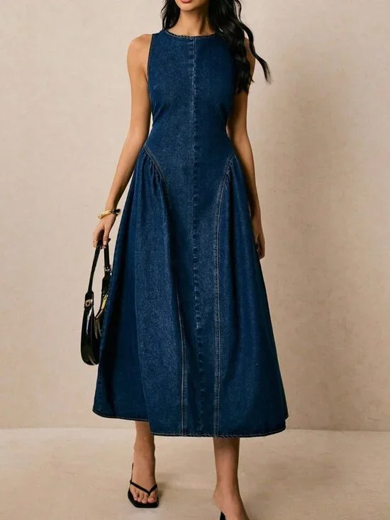 Dark Wash Casual Women's Sleeveless Flared Denim Dress - Picture 6 of 7